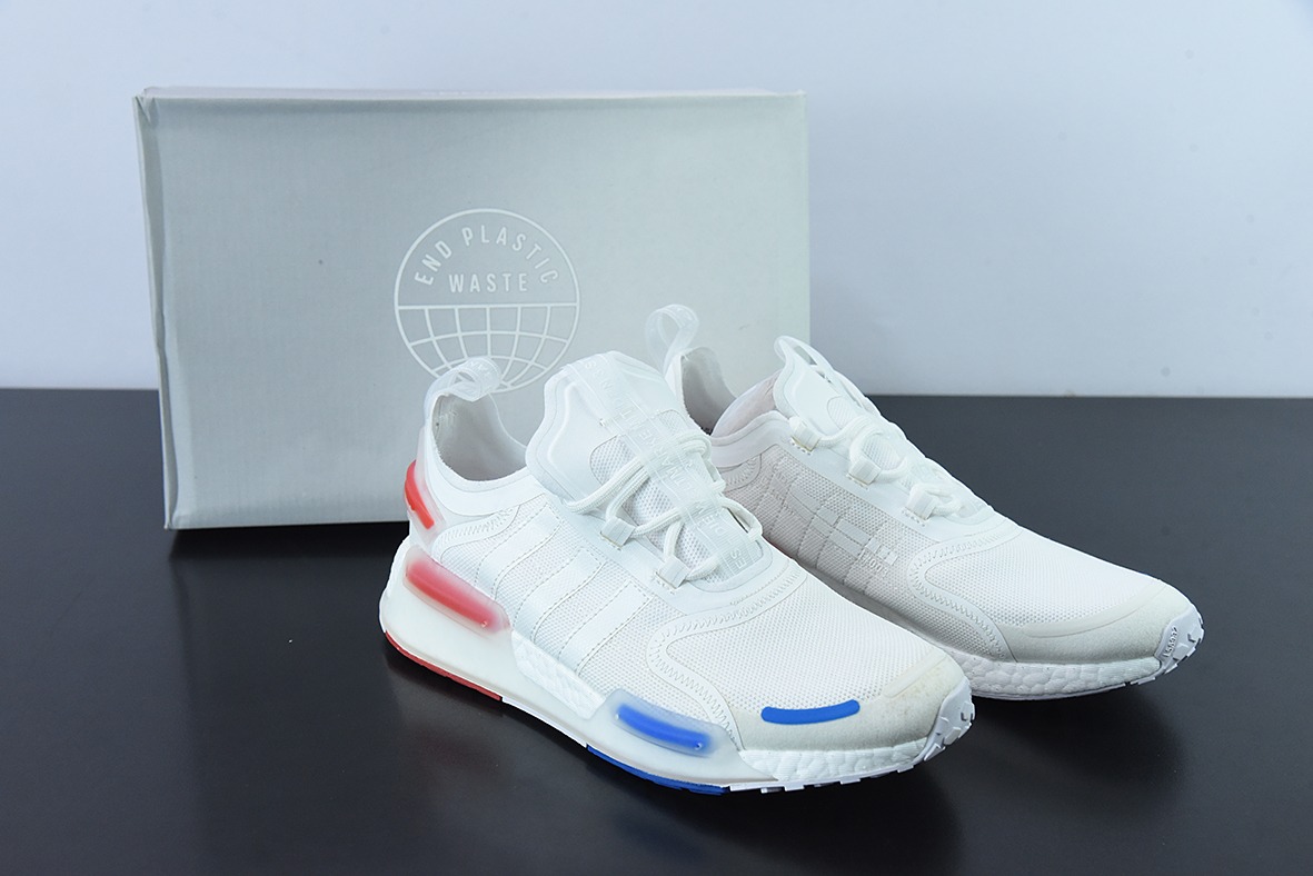아디다스 아디다스 NMD_V3 부스트 OG 화이트 플라이 위브 시리즈 로우탑 팝콘 쿠셔닝 백 캐주얼 스포츠 러닝화 니트 화이트 블루 레드 GX3379 사이즈: 36-45