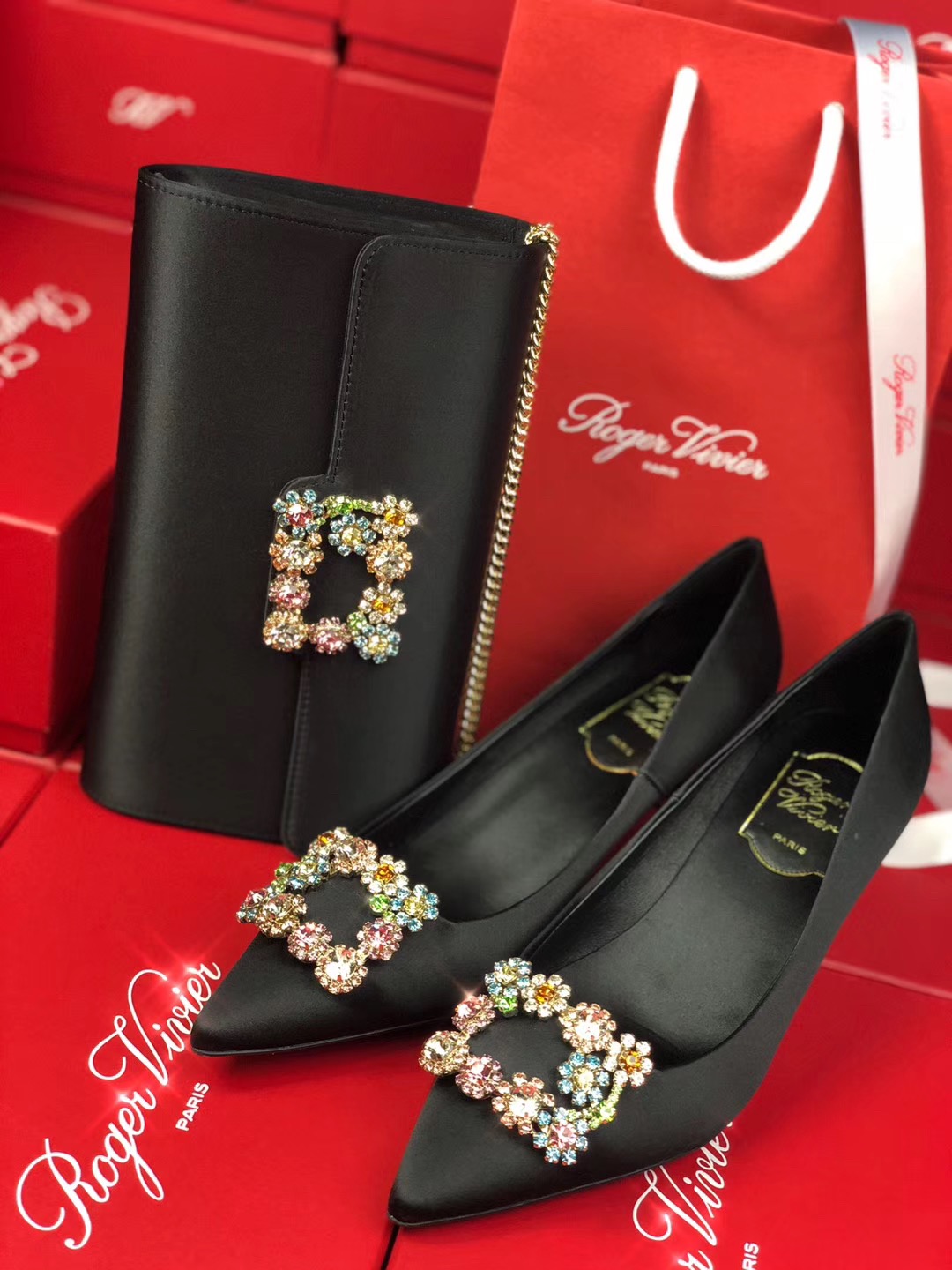 로저비비에 플라워 새틴 클러치&숄더 24CM R30440