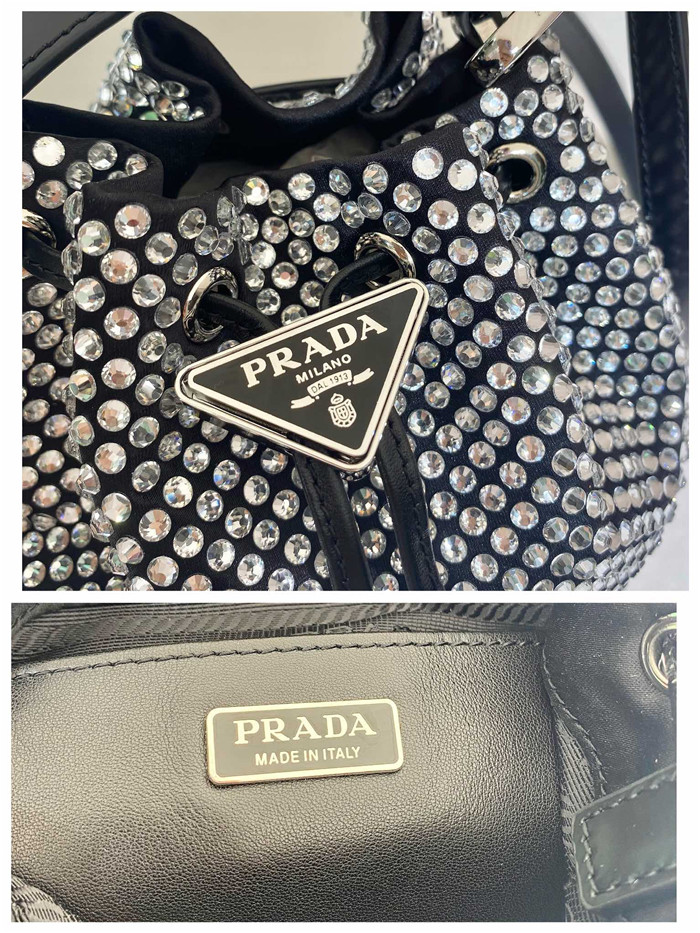 Prada 프라다 크리스털 장식 새틴 스몰 버킷백 1BE067