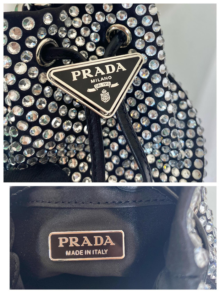Prada  프라다 크리스털 장식 새틴 스몰 버킷백 1NR016