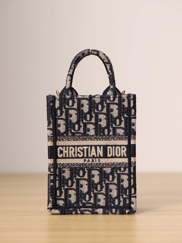 Dior 디올 여성 블루 오블리크 자수 북 토트 미니 휴대폰 백