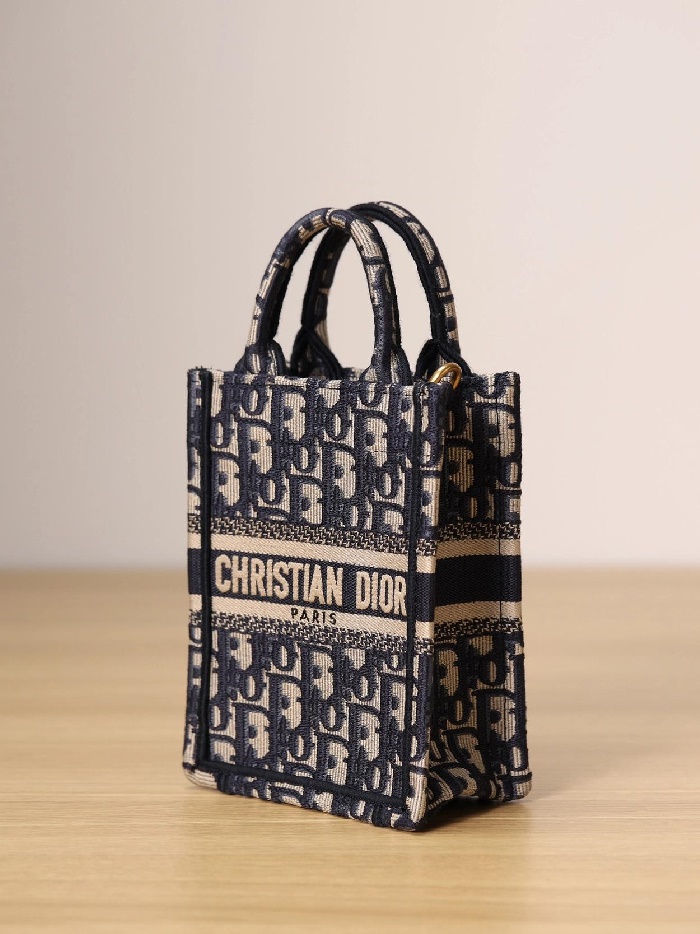 Dior 디올 여성 블루 오블리크 자수 북 토트 미니 휴대폰 백