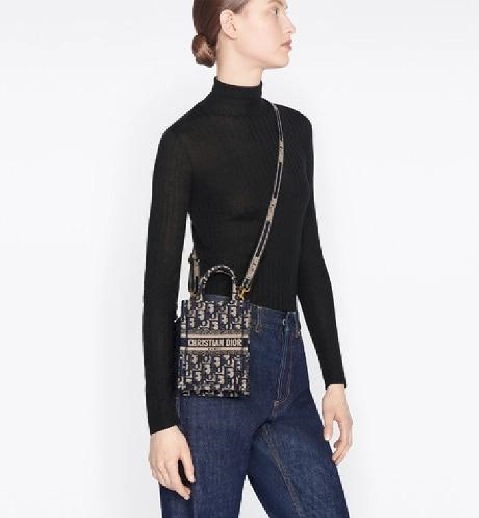 Dior 디올 여성 블루 오블리크 자수 북 토트 미니 휴대폰 백