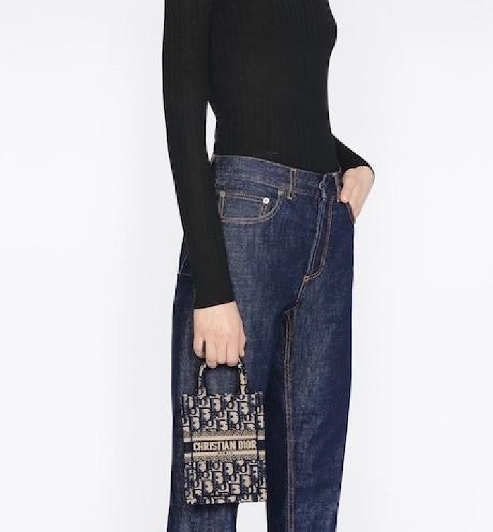Dior 디올 여성 블루 오블리크 자수 북 토트 미니 휴대폰 백