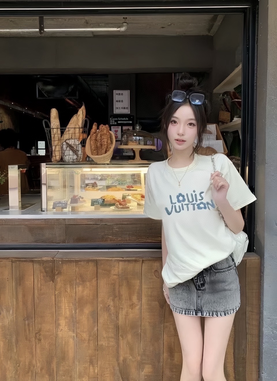 루이 비통/루이 비통 24SS 자수 레터 반소매 스몰 블루 플라워